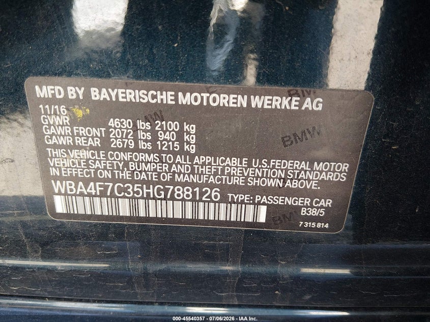 2017 BMW 4er VIN WBA4F7C35HG788126 IAAI salvage auction — FRONT END, Salvage (Idaho), sold $2,550 on 2026-08-03 (photo 9)