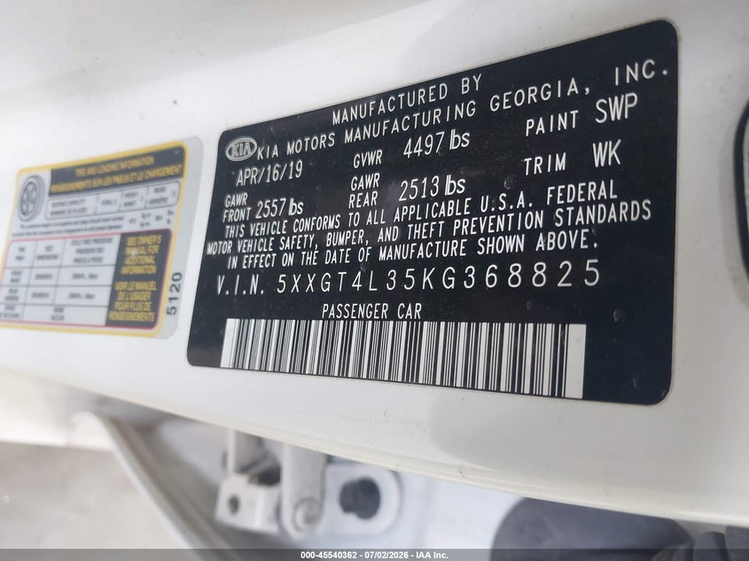 2019 Kia Optima VIN 5XXGT4L35KG368825 IAAI salvage auction — BIOHAZARD/CHEMICAL, Salvage Title, sold $25 on 2026-07-31 (photo 9)
