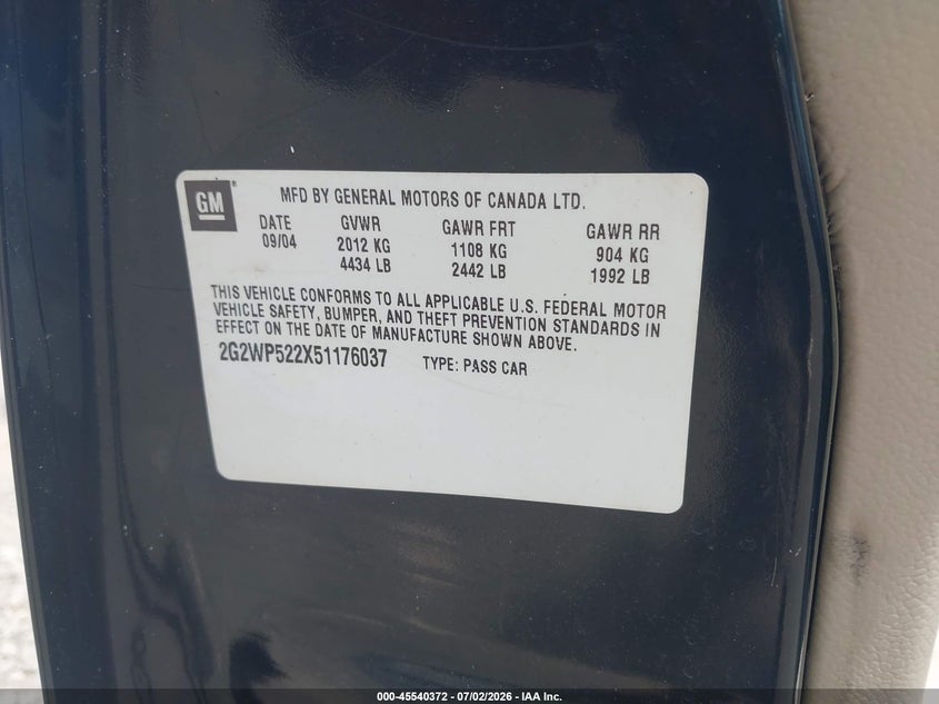 2005 Pontiac Grand prix VIN 2G2WP522X51176037 IAAI salvage auction — NORMAL WEAR, Clear (Tennessee), sold $225 on 2026-07-09 (photo 9)