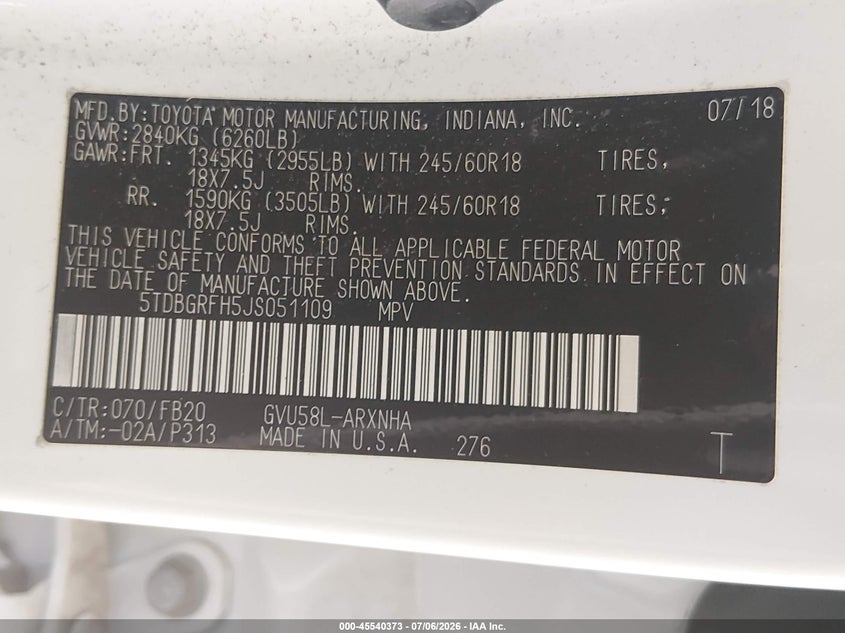 2018 Toyota Highlander VIN 5TDBGRFH5JS051109 IAAI salvage auction — FRONT END, Bill Of Sale (Washington), sold $5,000 on 2026-07-29 (photo 9)
