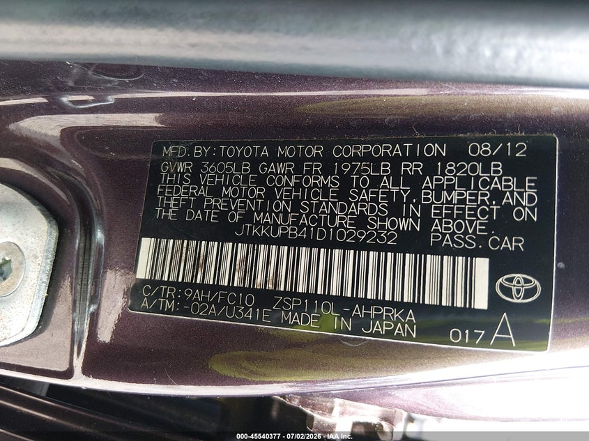 2013 Scion Xd VIN JTKKUPB41D1029232 IAAI salvage auction — NORMAL WEAR, Clear (Georgia), sold $850 on 2026-07-17 (photo 9)