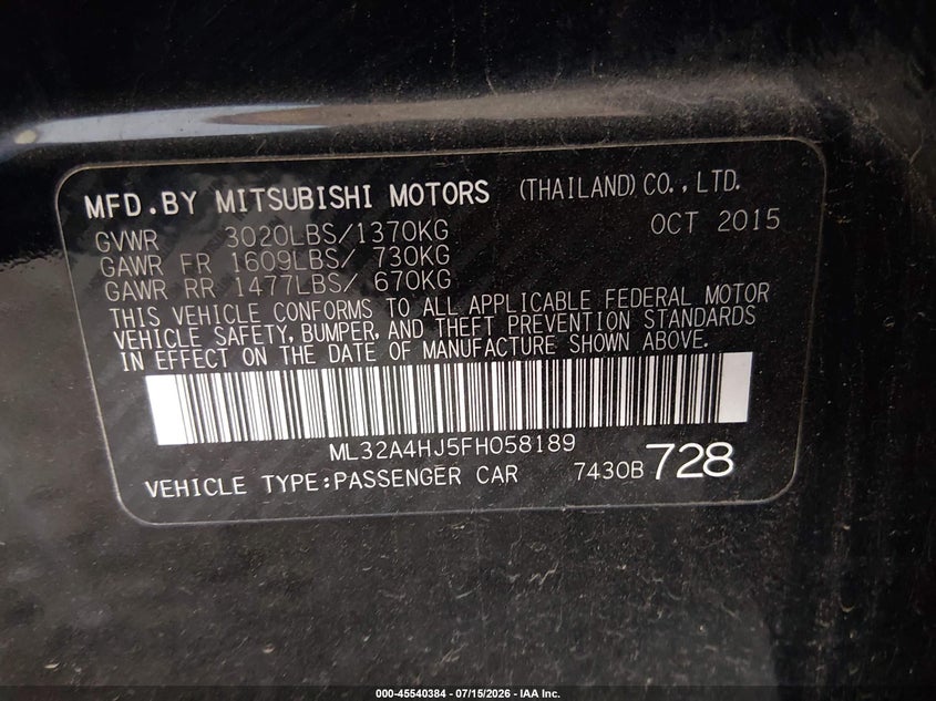 2015 Mitsubishi Mirage VIN ML32A4HJ5FH058189 IAAI salvage auction — NORMAL WEAR, Clear-Dealer Only (Arizona), sold $25 on 2026-07-28 (photo 9)