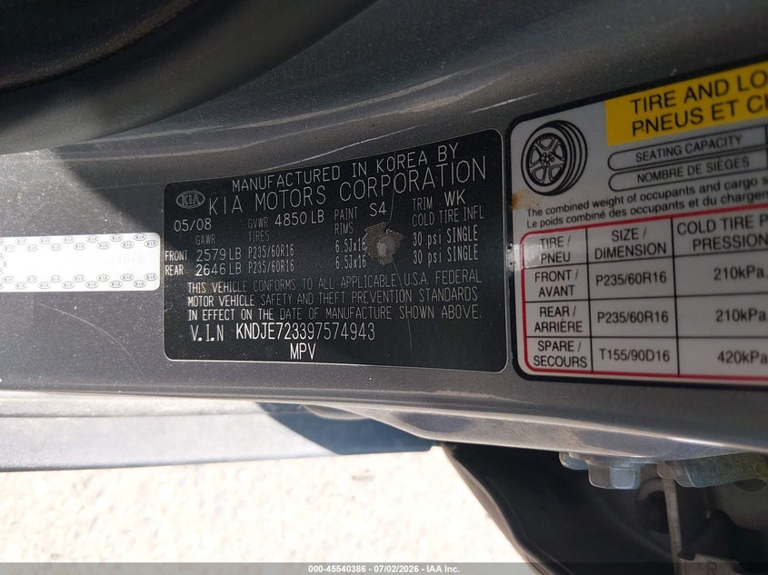2009 Kia Sportage VIN KNDJE723397574943 IAAI salvage auction — UNKNOWN, Clear (Colorado), sold $625 on 2026-07-10 (photo 9)
