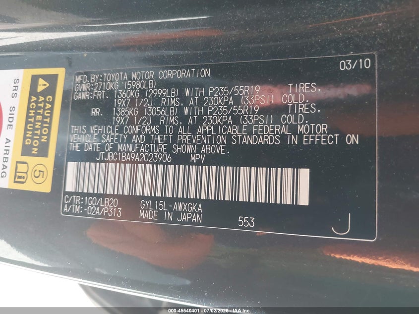 2010 Lexus Rx VIN JTJBC1BA9A2023906 IAAI salvage auction — REAR END, Salvage (Pennsylvania), sold $2,550 on 2026-07-31 (photo 9)
