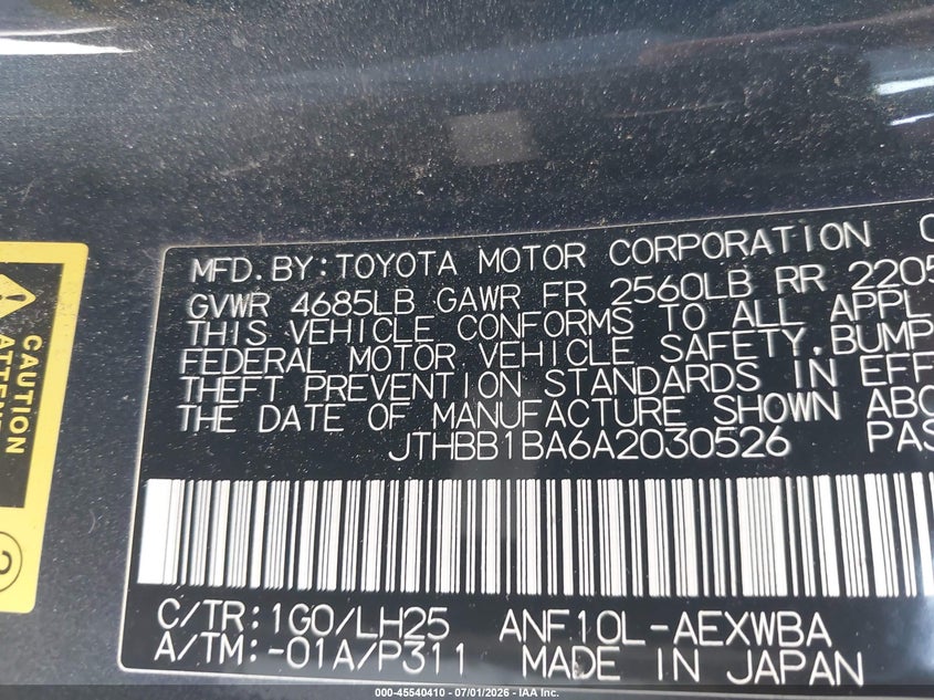 2010 Lexus Hs 250h VIN JTHBB1BA6A2030526 IAAI salvage auction — NORMAL WEAR, Clear-Dealer Only (Iowa), sold $1,275 on 2026-07-29 (photo 9)