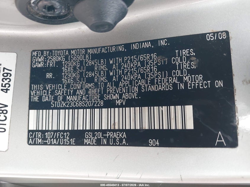 2008 Toyota Sienna VIN 5TDZK23C68S207228 IAAI salvage auction — FRONT END, Mv-907A (New York), sold $325 on 2026-07-28 (photo 9)