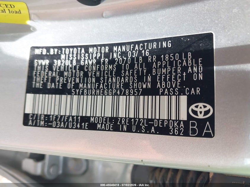 2016 Toyota Corolla VIN 5YFBURHE6GP478957 IAAI salvage auction — NORMAL WEAR, Salvage Title, sold $1,300 on 2026-07-28 (photo 9)