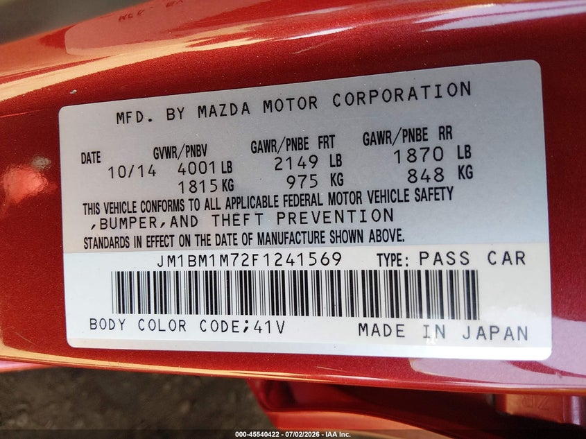 2015 Mazda 3 VIN JM1BM1M72F1241569 IAAI salvage auction — REAR END, Salvage Title, sold $1,650 on 2026-07-28 (photo 9)
