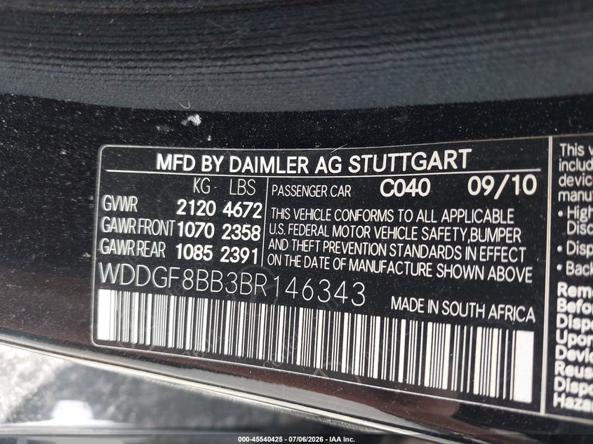 2011 Mercedes-benz C class VIN WDDGF8BB3BR146343 IAAI salvage auction — FRONT END, Salvage (Ohio), sold $425 on 2026-08-05 (photo 9)