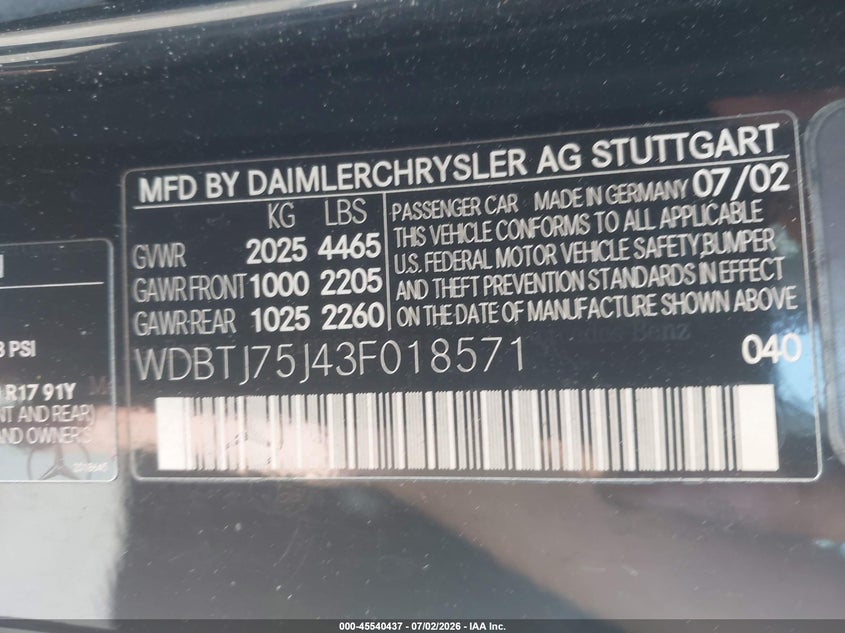 2003 Mercedes-benz Clk-klasse VIN WDBTJ75J43F018571 IAAI salvage auction — VANDALISM, Salvage (California), sold $425 on 2026-07-22 (photo 9)