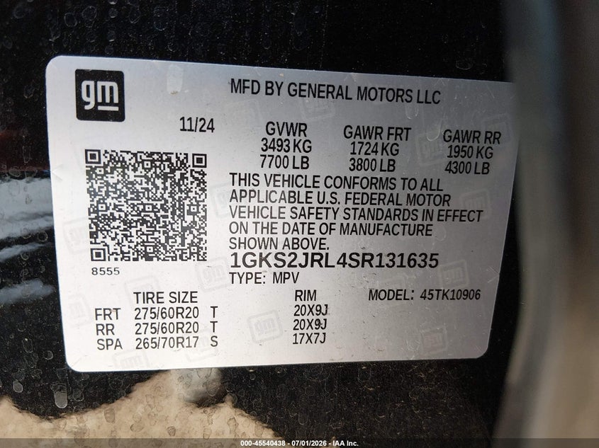2025 Gmc VIN 1GKS2JRL4SR131635 IAAI salvage auction — SIDE, Salvage Title, sold $31,450 on 2026-09-01 (photo 9)