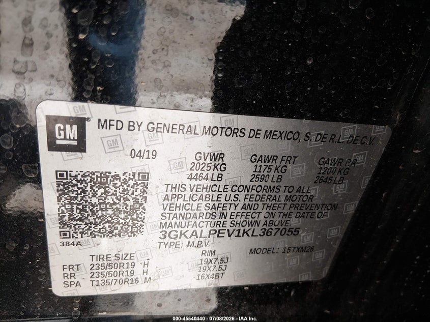 2019 Gmc Terrain VIN 3GKALPEV1KL367055 IAAI salvage auction — NORMAL WEAR, Salvage Title, sold $6,975 on 2026-07-22 (photo 9)