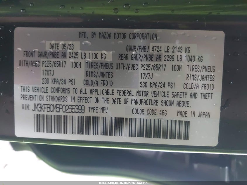 2023 Mazda Cx-5 VIN JM3KFBCM5P0265399 IAAI salvage auction — LEFT SIDE, Salvage Title, sold $6,600 on 2026-07-17 (photo 9)