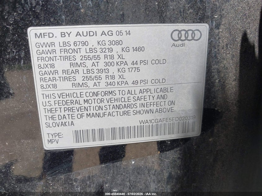 2014 Audi Q7 VIN WA1CGAFE5ED020319 IAAI salvage auction — NORMAL WEAR, Original (Ohio), sold $450 on 2026-07-07 (photo 9)