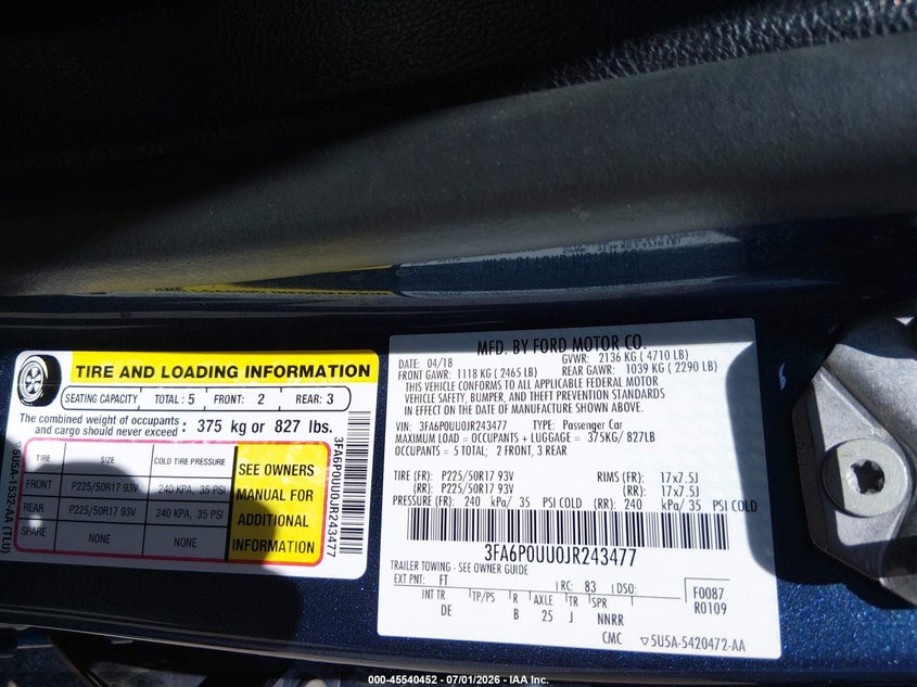 2018 Ford Fusion VIN 3FA6P0UU0JR243477 IAAI salvage auction — NORMAL WEAR, Sf97 (New Mexico), sold $10,775 on 2026-09-02 (photo 9)