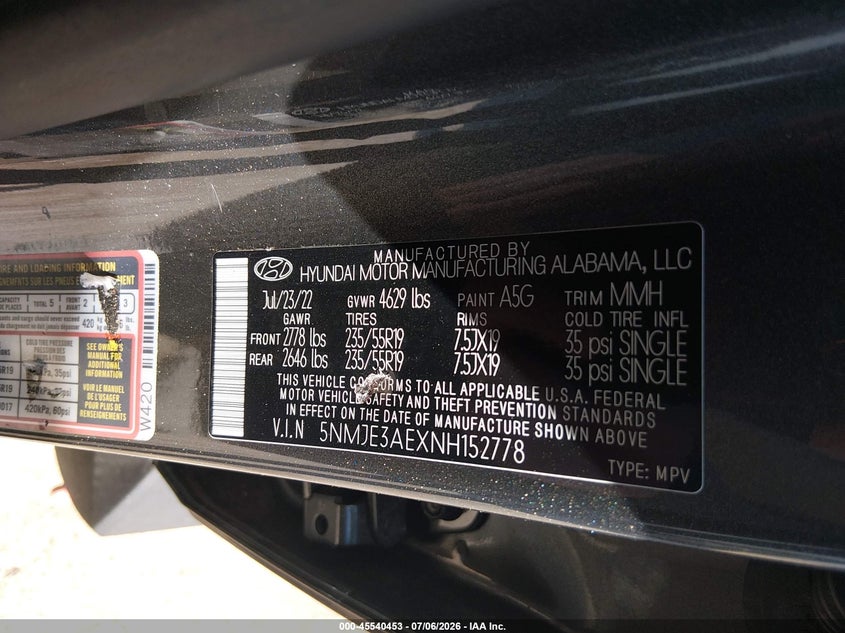 2022 Hyundai Tucson VIN 5NMJE3AEXNH152778 IAAI salvage auction — FRONT END, Wait Title, sold $5,500 on 2026-08-25 (photo 9)