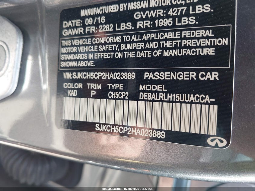 2017 Infiniti Qx30 VIN SJKCH5CP2HA023889 IAAI salvage auction — LEFT FRONT, Clear-Dealer Only (North Carolina), sold $8,500 on 2026-07-27 (photo 9)