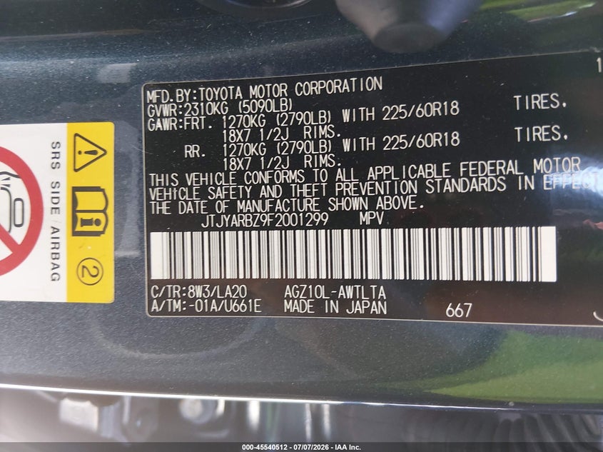 2015 Lexus Nx VIN JTJYARBZ9F2001299 IAAI salvage auction — RIGHT SIDE, Salvage Title, sold $650 on 2026-07-29 (photo 9)