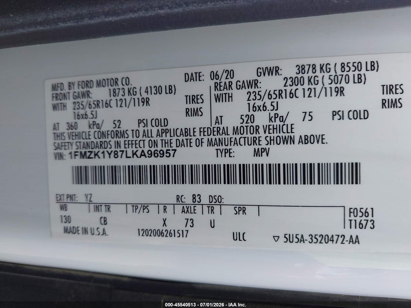 2020 Ford Transit 150 VIN 1FMZK1Y87LKA96957 IAAI salvage auction — NORMAL WEAR, SF97 (Maine), sold $20,200 on 2026-07-23 (photo 9)