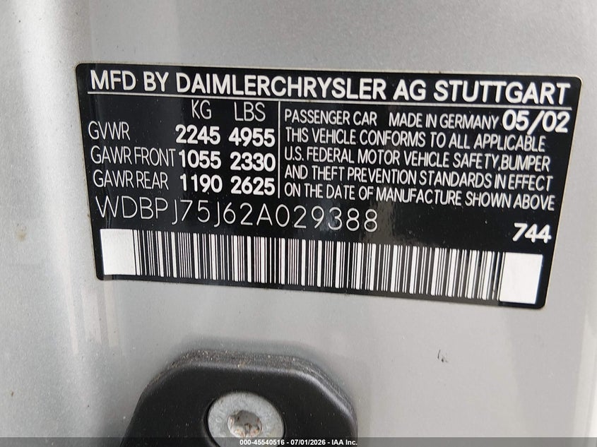 2002 Mercedes-benz Cl-class VIN WDBPJ75J62A029388 IAAI salvage auction — NORMAL WEAR, Clear (Washington), sold $500 on 2026-07-17 (photo 9)