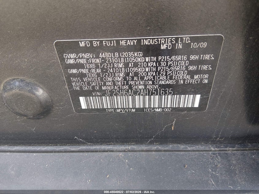 2010 Subaru Forester VIN JF2SH6AC2AH751635 IAAI salvage auction — NORMAL WEAR, Salvage (New Hampshire), sold $400 on 2026-07-29 (photo 9)
