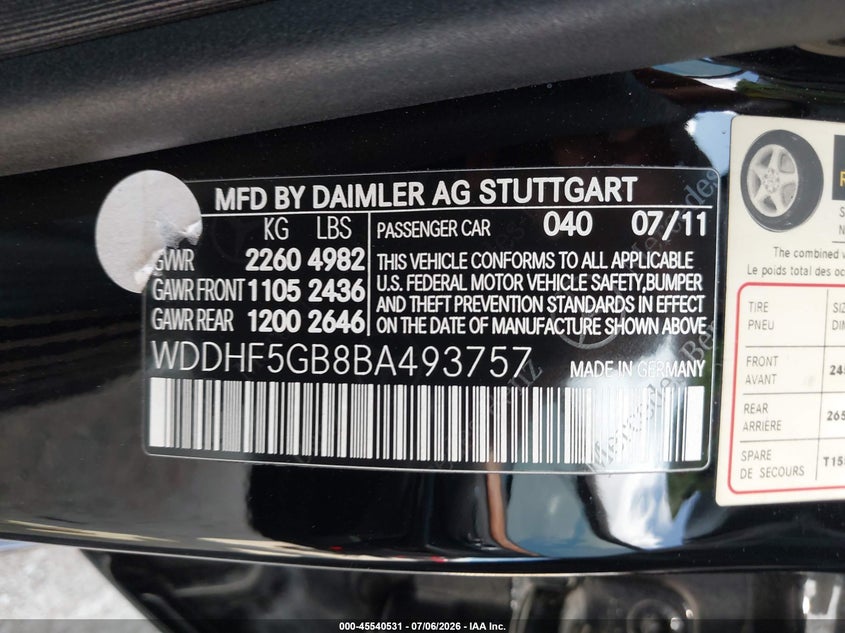 2011 Mercedes-benz E-class VIN WDDHF5GB8BA493757 IAAI salvage auction — FRONT END, Salvage (Texas), sold $1,700 on 2026-08-18 (photo 9)