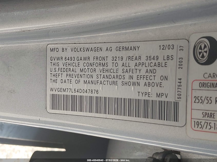 2004 Volkswagen Touareg VIN WVGEM77L54D047876 IAAI salvage auction — RIGHT FRONT, Clear (Colorado), sold $225 on 2026-07-10 (photo 9)