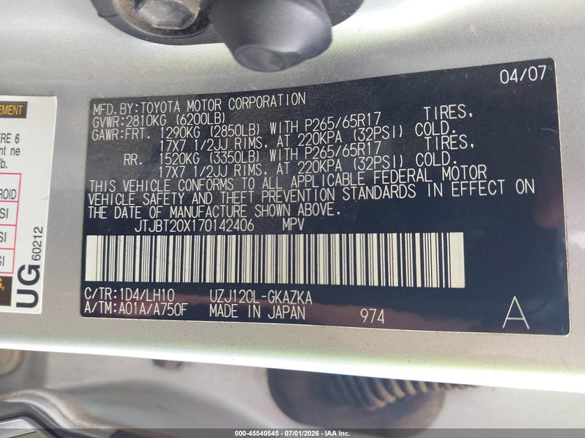 2007 Lexus Gx VIN JTJBT20X170142406 IAAI salvage auction — RIGHT FRONT, Salvage (California), sold $2,450 on 2026-07-29 (photo 9)