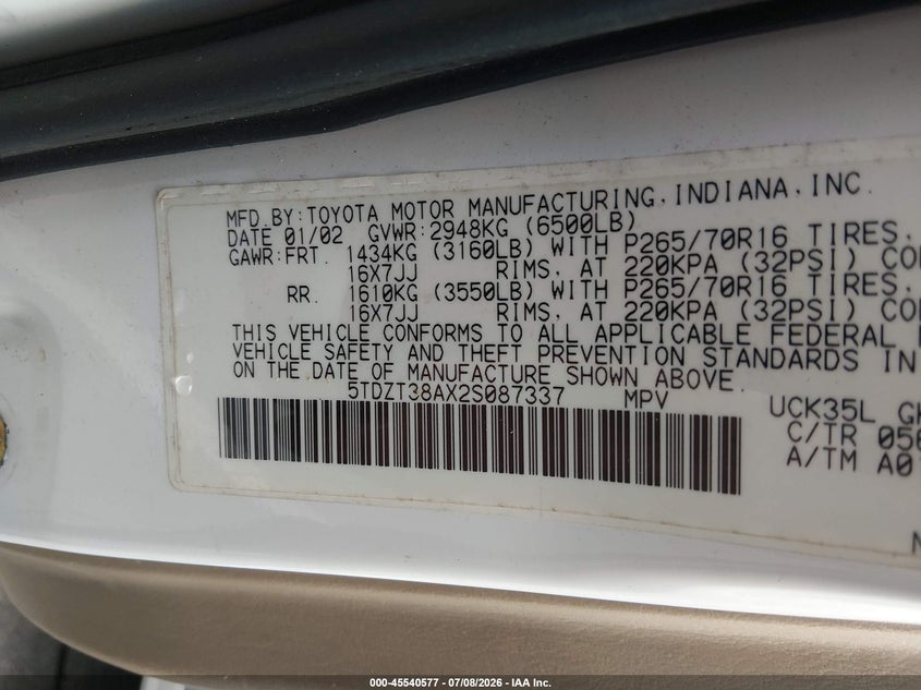 2002 Toyota Sequoia VIN 5TDZT38AX2S087337 IAAI salvage auction — NORMAL WEAR, Clear (North Carolina), sold $675 on 2026-07-15 (photo 9)