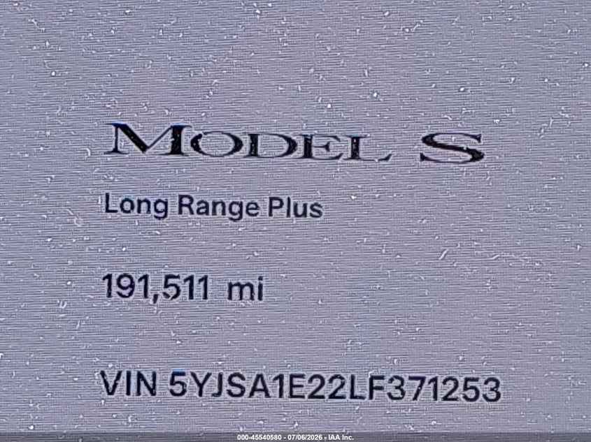 2020 Tesla Model s VIN 5YJSA1E22LF371253 IAAI salvage auction — LEFT REAR, Salvage (California), sold $6,600 on 2026-07-29 (photo 7)