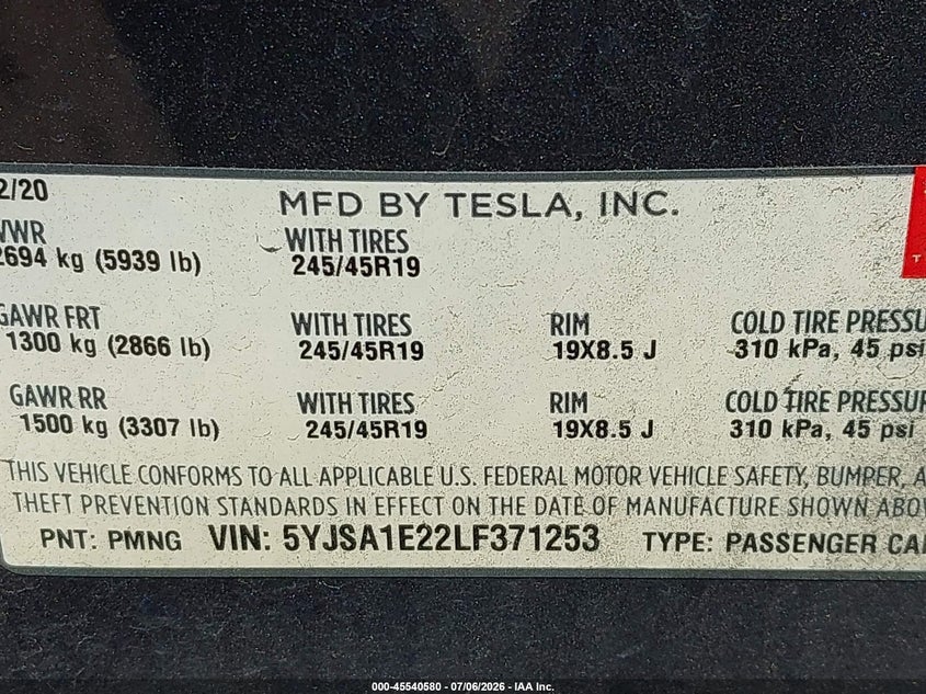 2020 Tesla Model s VIN 5YJSA1E22LF371253 IAAI salvage auction — LEFT REAR, Salvage (California), sold $6,600 on 2026-07-29 (photo 9)