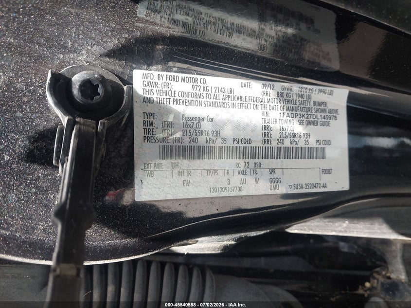 2013 Ford Focus VIN 1FADP3K27DL145978 IAAI salvage auction — NORMAL WEAR, Clear - Dealer Only (California), sold $225 on 2026-07-09 (photo 9)