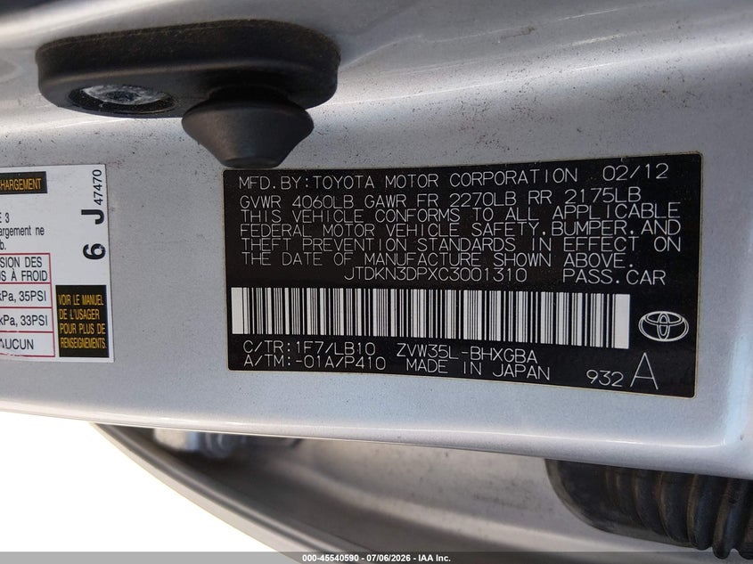 2012 Toyota Prius VIN JTDKN3DPXC3001310 IAAI salvage auction — NORMAL WEAR, Clear - Dealer Only (California), sold $5,500 on 2026-07-30 (photo 9)