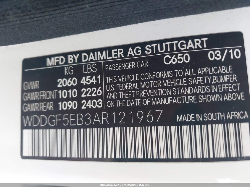 2010 Mercedes-benz C class VIN WDDGF5EB3AR121967 IAAI salvage auction — NORMAL WEAR, Clear (Alabama), sold $850 on 2026-08-06 (photo 9)