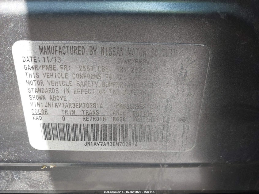 2014 Infiniti Q50 VIN JN1AV7AR3EM702814 IAAI salvage auction — REAR END, Certificate Of Title (Nebraska), sold $2,450 on 2026-08-20 (photo 9)