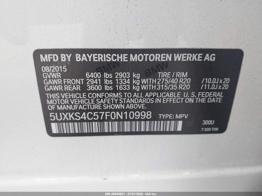 2015 BMW X5 VIN 5UXKS4C57F0N10998 IAAI salvage auction — REAR END, Salvage Title, sold $7,500 on 2026-07-23 (photo 9)