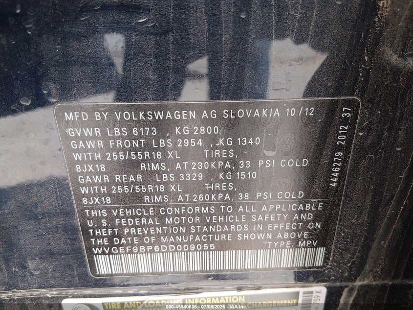 2013 Volkswagen Touareg VIN WVGEF9BP6DD009055 IAAI salvage auction — NORMAL WEAR, Clear (Tennessee), sold $250 on 2026-07-29 (photo 9)