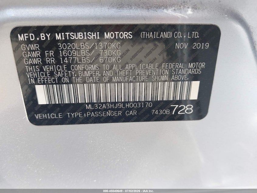 2020 Mitsubishi Mirage VIN ML32A3HJ9LH003170 IAAI salvage auction — LEFT FRONT, Salvage (California), sold $900 on 2026-07-23 (photo 9)