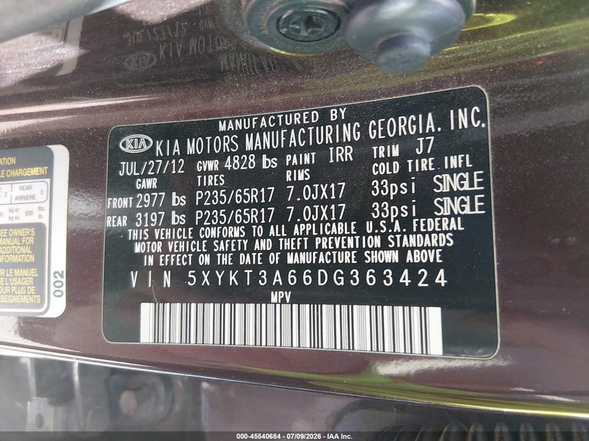 2013 Kia Sorento VIN 5XYKT3A66DG363424 IAAI salvage auction — NORMAL WEAR, Clear (New Mexico), sold $625 on 2026-07-20 (photo 9)