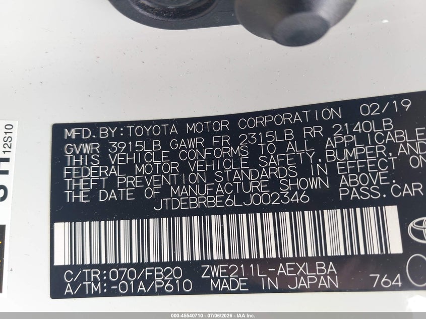 2020 Toyota Corolla VIN JTDEBRBE6LJ002346 IAAI salvage auction — FRONT END, Salvage (Massachusetts), sold $5,900 on 2026-07-24 (photo 9)