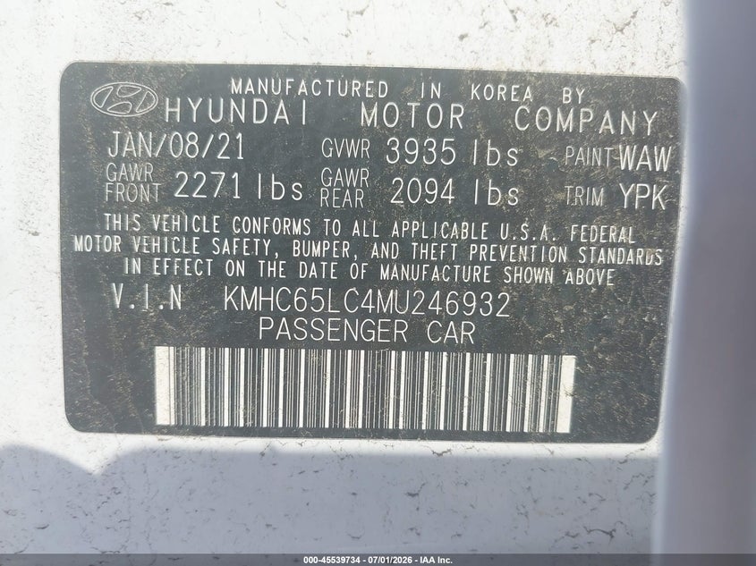 2021 Hyundai Ioniq hybrid VIN KMHC65LC4MU246932 IAAI salvage auction — NORMAL WEAR, Sf97 (Washington), sold $9,175 on 2026-08-18 (photo 9)