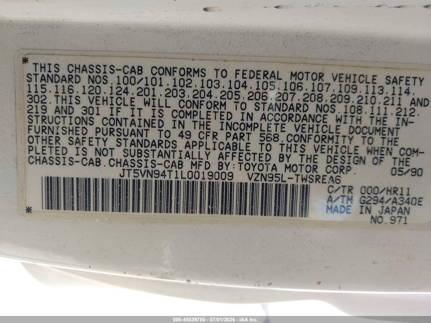 1990 Toyota Pickup VIN JT5VN94T1L0019009 IAAI salvage auction — NORMAL WEAR, Clear - Dealer Only (California), sold $1,625 on 2026-07-29 (photo 9)