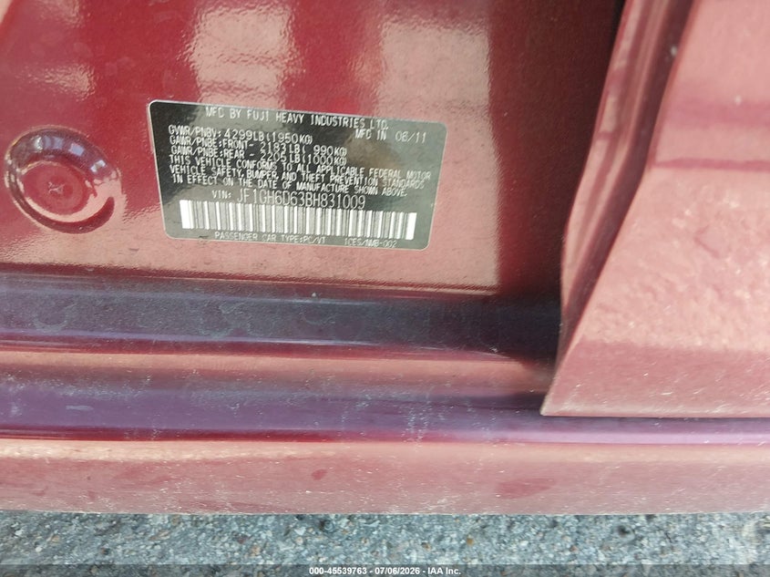 2011 Subaru Impreza VIN JF1GH6D63BH831009 IAAI salvage auction — FRONT END, Salvage (Texas), sold $1,025 on 2026-07-22 (photo 9)