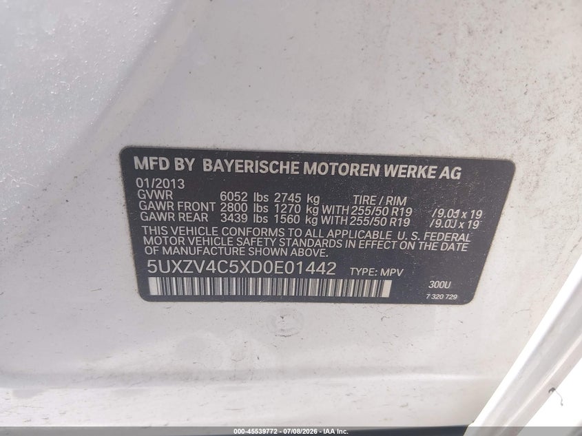 2013 BMW X5 VIN 5UXZV4C5XD0E01442 IAAI salvage auction — RIGHT REAR, Salvage (Ohio), sold $1,450 on 2026-07-29 (photo 9)