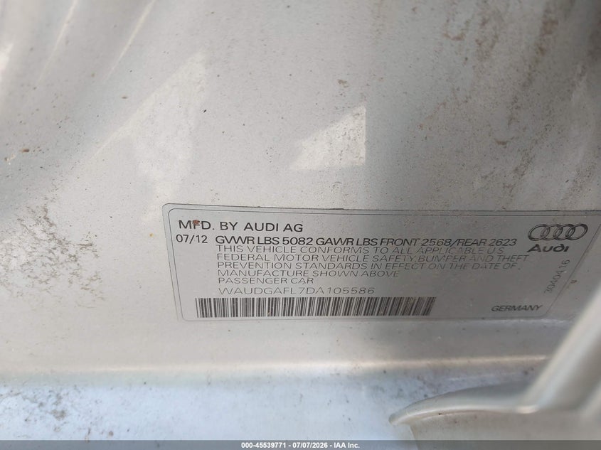 2013 Audi S4 VIN WAUDGAFL7DA105586 IAAI salvage auction — NORMAL WEAR, Previous Salvage (Michigan), sold $4,650 on 2026-07-14 (photo 9)