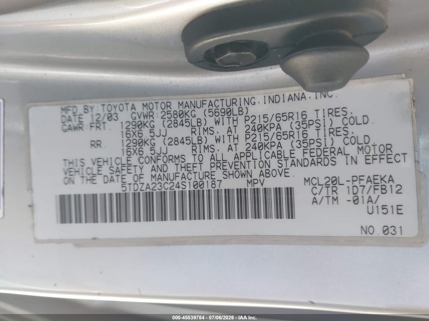 2004 Toyota Sienna VIN 5TDZA23C24S100187 IAAI salvage auction — FRONT END, Bill Of Sale (Washington), sold $450 on 2026-07-22 (photo 9)