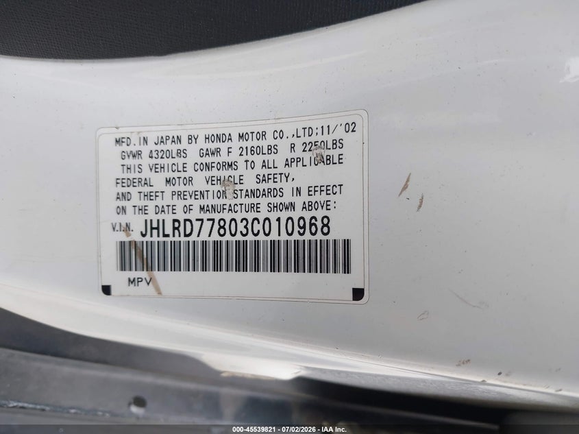 2003 Honda Cr-v VIN JHLRD77803C010968 IAAI salvage auction — FRONT END, Salvage (California), sold $500 on 2026-07-22 (photo 9)