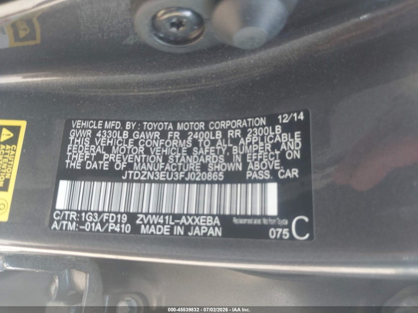2015 Toyota Prius v VIN JTDZN3EU3FJ020865 IAAI salvage auction — FRONT END, Salvage Title, sold $2,850 on 2026-07-28 (photo 9)