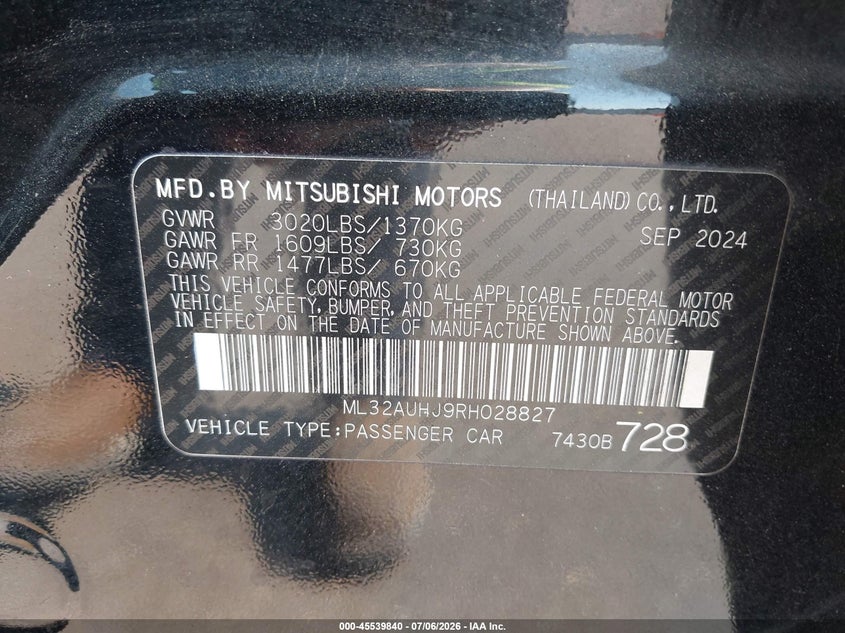 2024 Mitsubishi Mirage VIN ML32AUHJ9RH028827 IAAI salvage auction — FRONT END, Enterprise Vehicles Clear Only (Michigan), sold $7,050 on 2026-07-07 (photo 9)