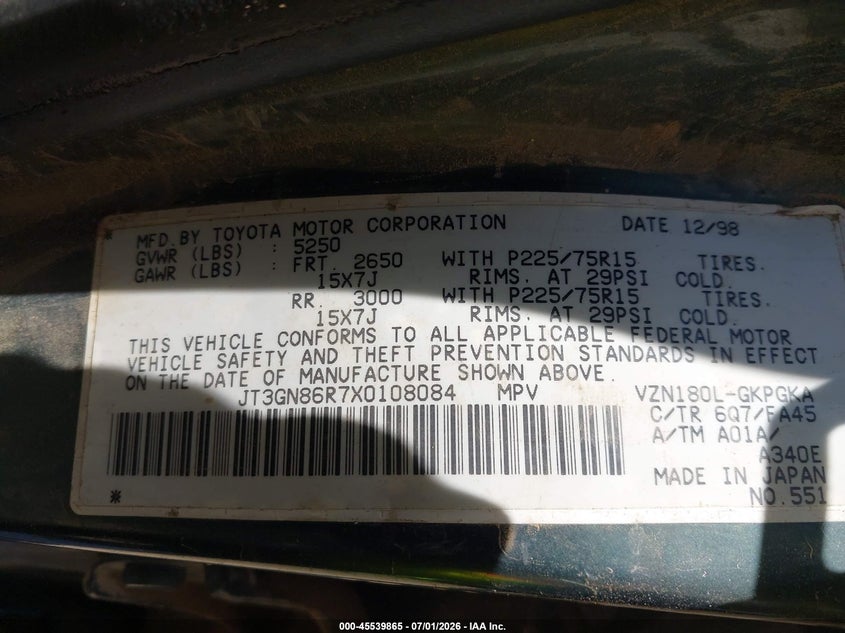 1999 Toyota 4runner VIN JT3GN86R7X0108084 IAAI salvage auction — NORMAL WEAR, Clear - Dealer Only (California), sold $400 on 2026-07-29 (photo 9)